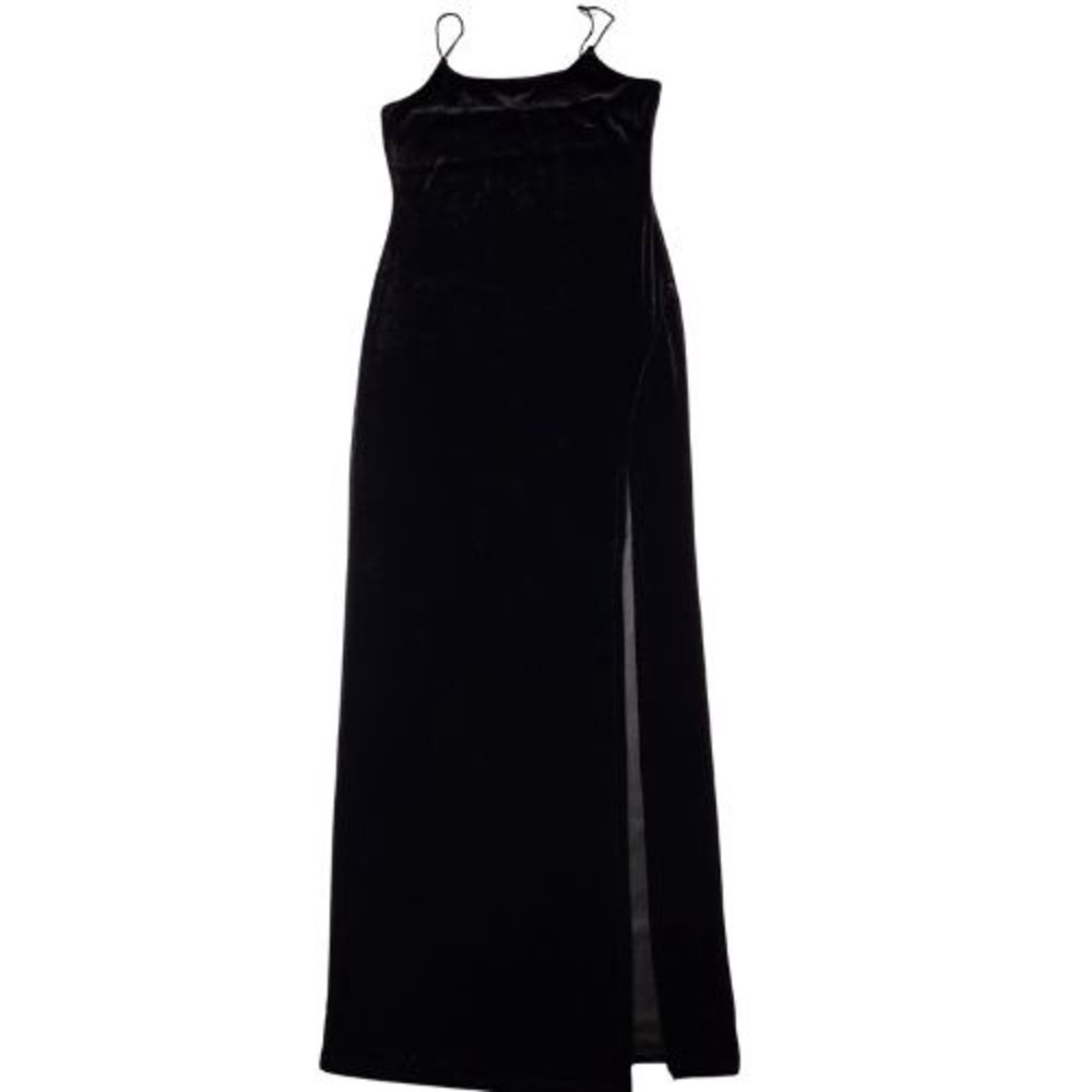 Popular 21 Black Velvet Maxi Dress M Cami Slit 90s Grunge Goth Formal Long Maxi